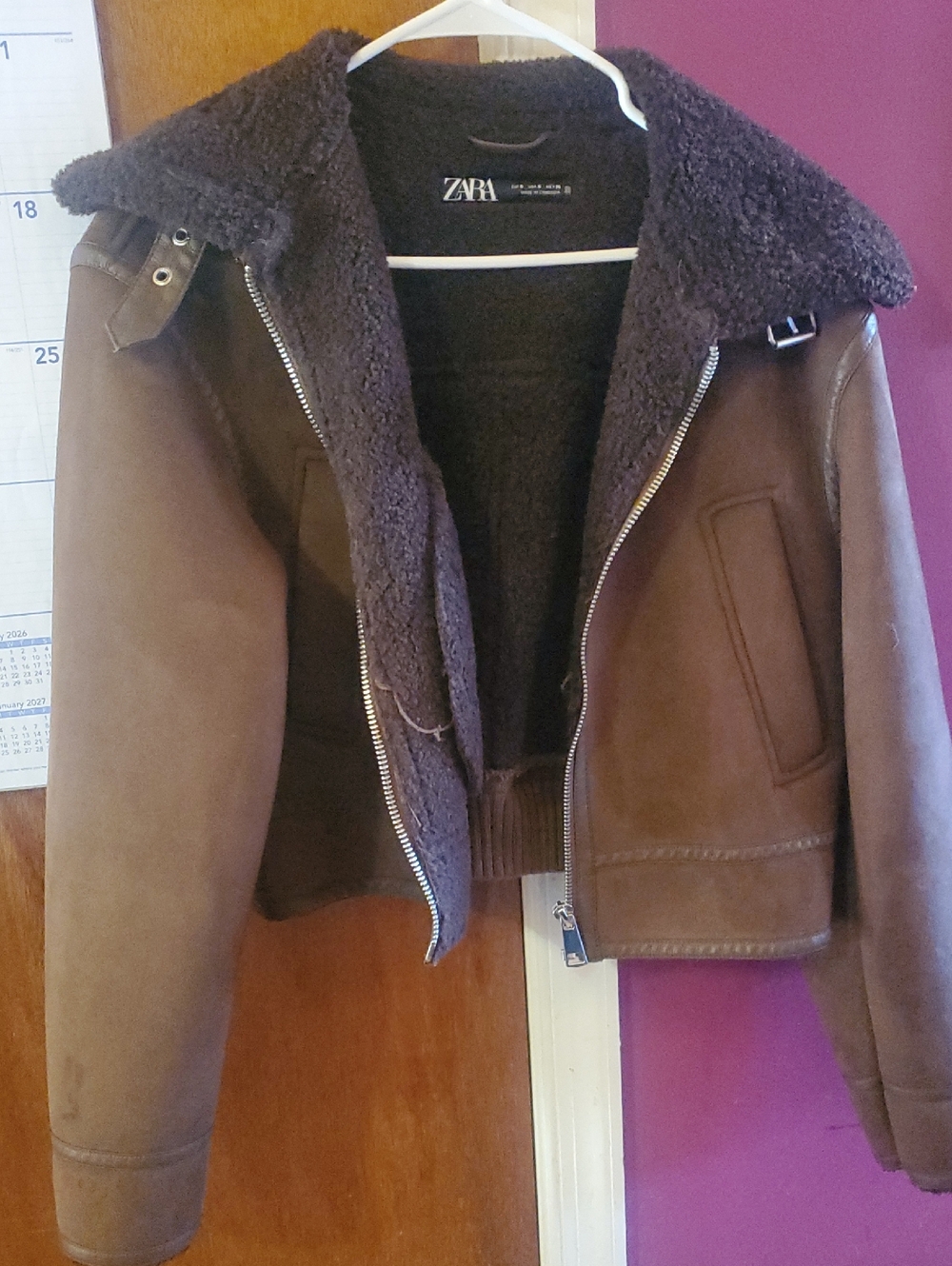 ZARA Dark Brown Shearling-Trim Bomber Jacket - Picture 1 of 9